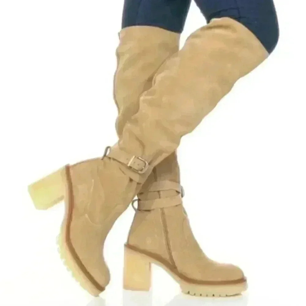 FREE PEOPLE Jasper Platform Over The Knee Boots Suede Tan Gum Sole OTK